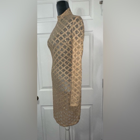 Elegant clear gem studded Long Sleeve shear Dress asymmetrical stylish zipper - Picture 7 of 13